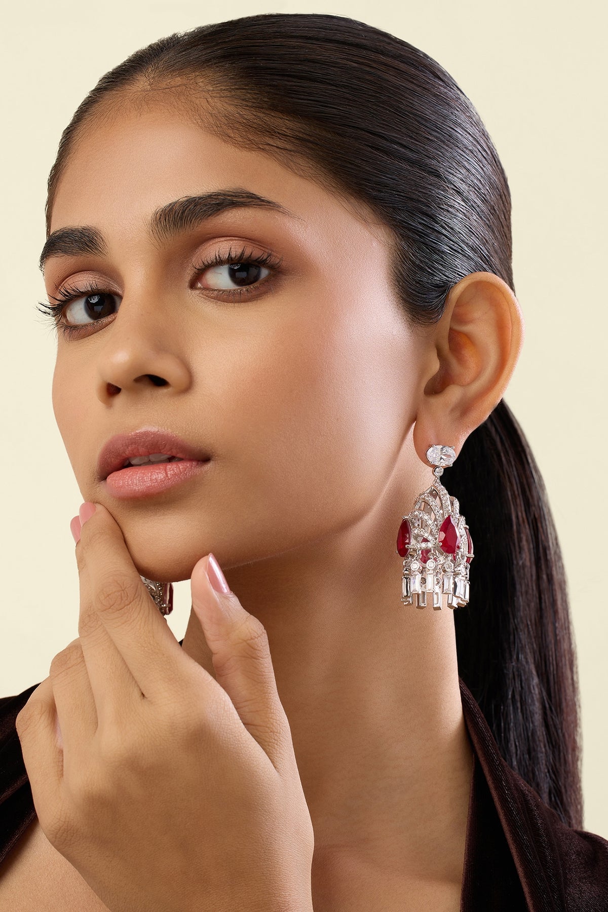 White Rhodium Finish Crystal Zirconia & Ruby Stone Dangler Earrings
