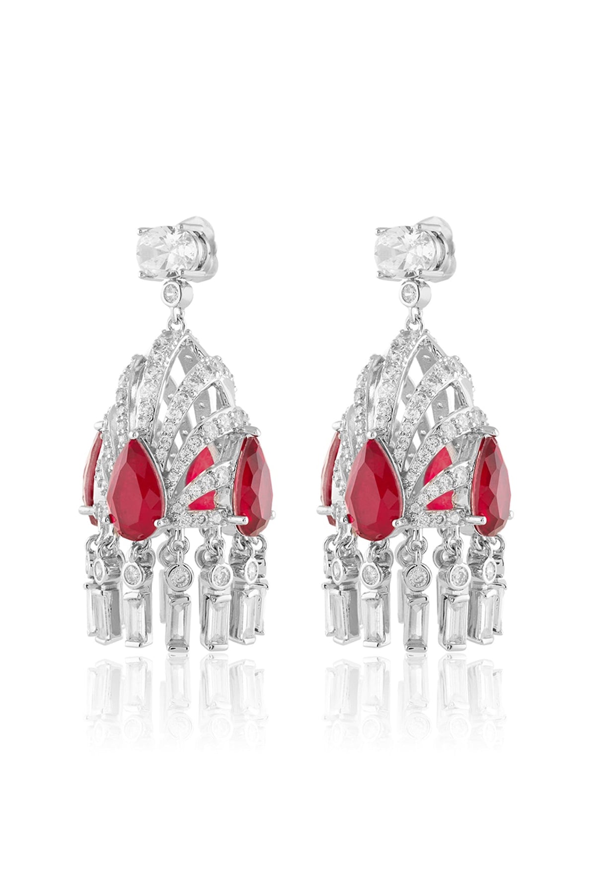 White Rhodium Finish Crystal Zirconia & Ruby Stone Dangler Earrings