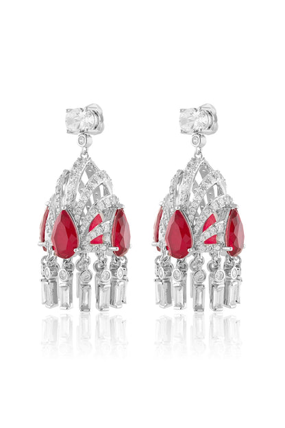 White Rhodium Finish Crystal Zirconia & Ruby Stone Dangler Earrings