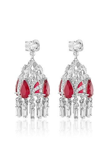 White Rhodium Finish Crystal Zirconia & Ruby Stone Dangler Earrings