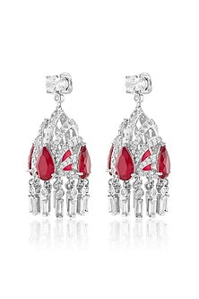 White Rhodium Finish Crystal Zirconia & Ruby Stone Dangler Earrings