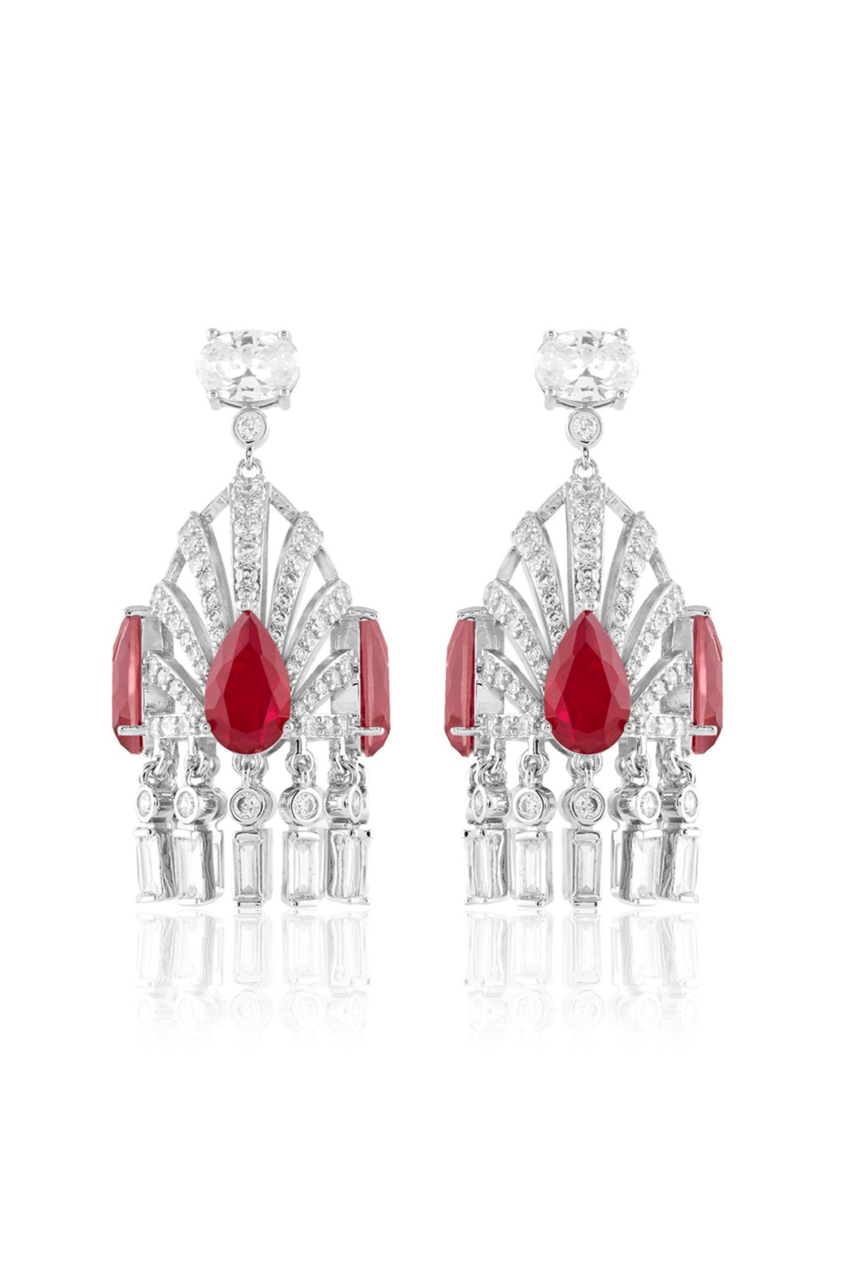 White Rhodium Finish Crystal Zirconia & Ruby Stone Dangler Earrings