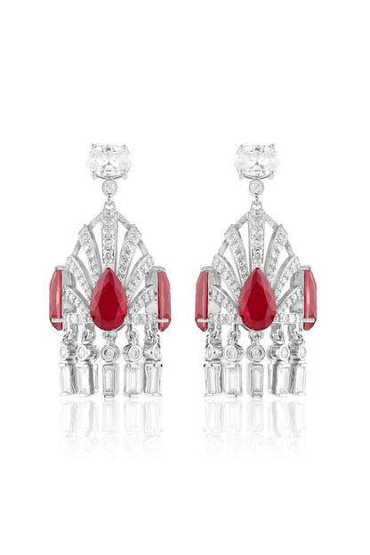 White Rhodium Finish Crystal Zirconia & Ruby Stone Dangler Earrings