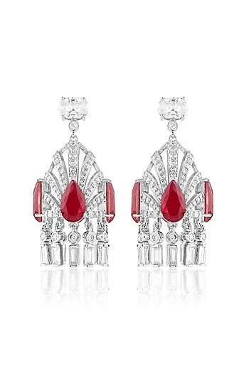 White Rhodium Finish Crystal Zirconia & Ruby Stone Dangler Earrings