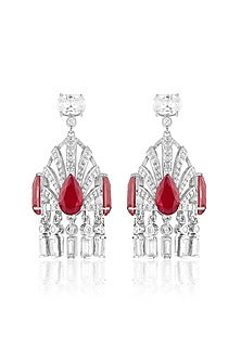 White Rhodium Finish Crystal Zirconia & Ruby Stone Dangler Earrings
