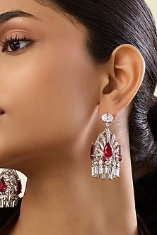 White Rhodium Finish Crystal Zirconia & Ruby Stone Dangler Earrings