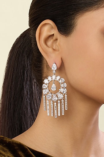White Rhodium Finish Crystal Zirconia Dangler Earrings