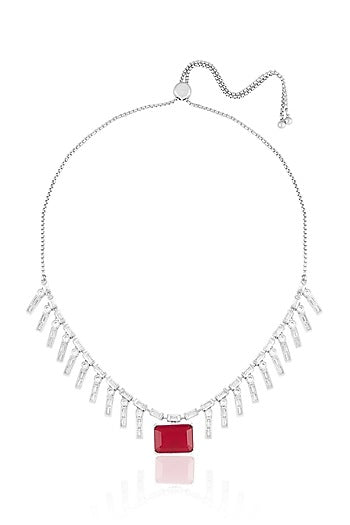White Rhodium Finish Crystal Zirconia & Ruby Stone Choker Necklace