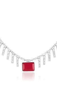 White Rhodium Finish Crystal Zirconia & Ruby Stone Choker Necklace
