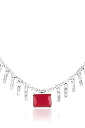 White Rhodium Finish Crystal Zirconia & Ruby Stone Choker Necklace