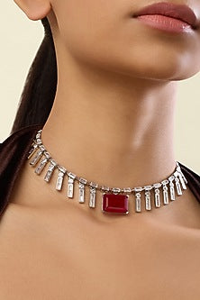 White Rhodium Finish Crystal Zirconia & Ruby Stone Choker Necklace