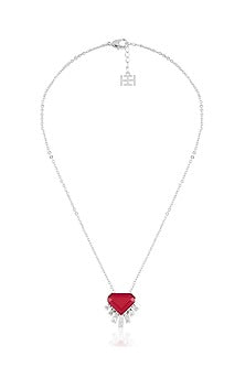 White Rhodium Finish Crystal Zirconia & Ruby Stone Necklace