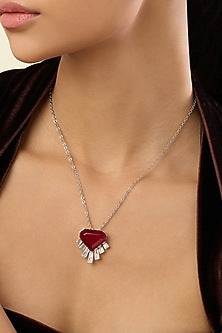 White Rhodium Finish Crystal Zirconia & Ruby Stone Necklace