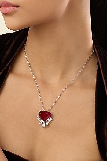 White Rhodium Finish Crystal Zirconia & Ruby Stone Necklace