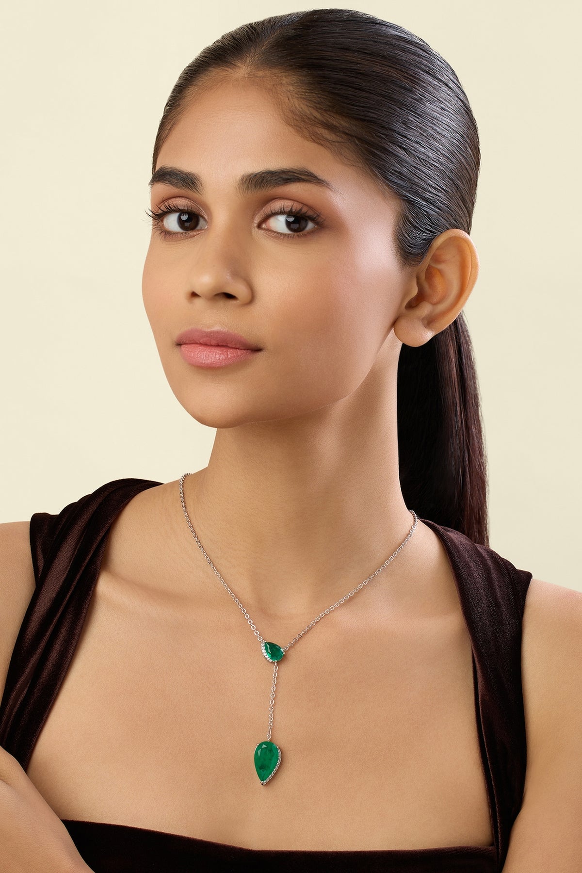White Rhodium Finish Crystal Zirconia & Emerald Stone Necklace
