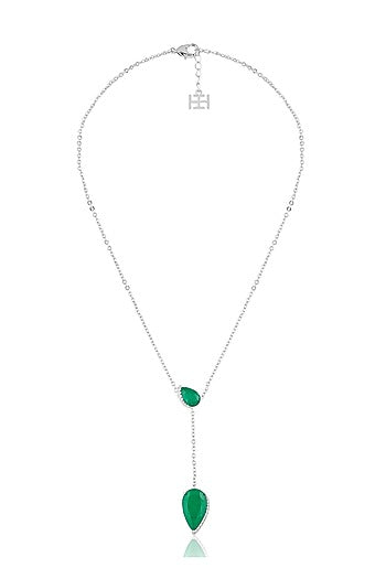 White Rhodium Finish Crystal Zirconia & Emerald Stone Necklace