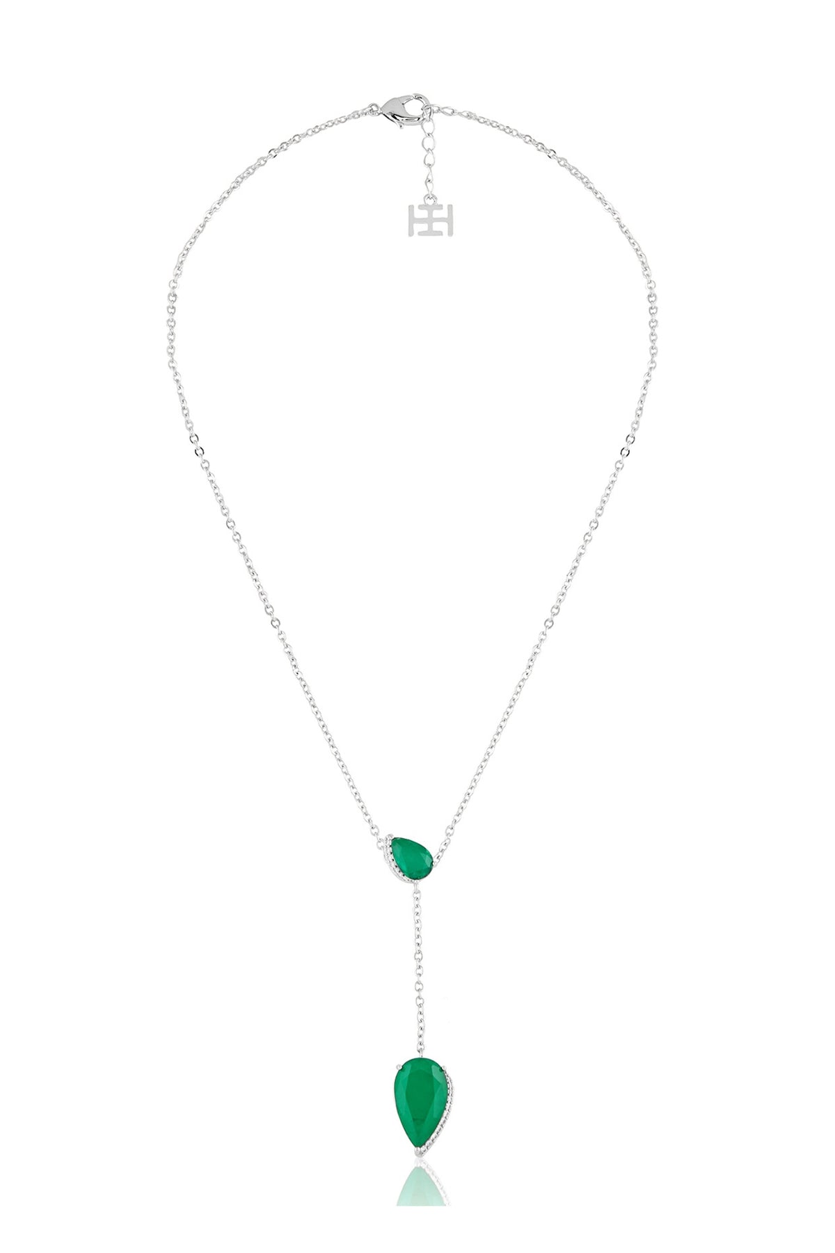 White Rhodium Finish Crystal Zirconia & Emerald Stone Necklace