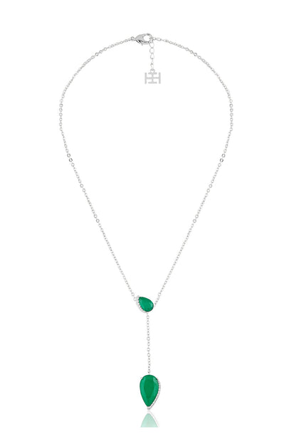 White Rhodium Finish Crystal Zirconia & Emerald Stone Necklace