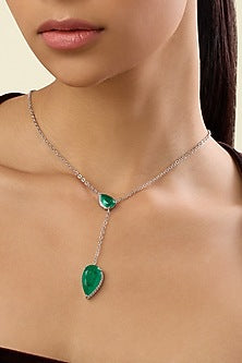 White Rhodium Finish Crystal Zirconia & Emerald Stone Necklace