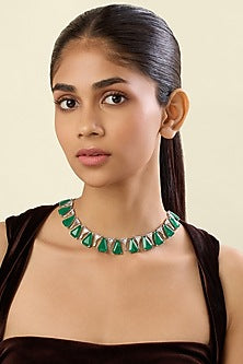 White Rhodium Finish Crystal Zirconia & Emerald Stone Necklace