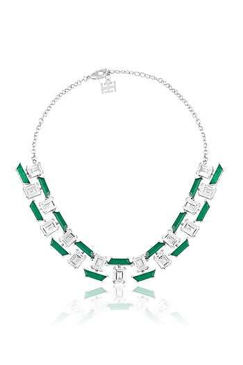 White Rhodium Finish Crystal Zirconia & Emerald Stone Necklace