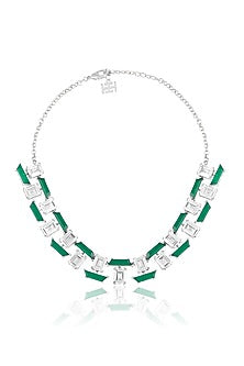 White Rhodium Finish Crystal Zirconia & Emerald Stone Necklace