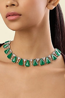 White Rhodium Finish Crystal Zirconia & Emerald Stone Necklace
