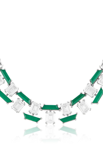 White Rhodium Finish Crystal Zirconia & Emerald Stone Necklace