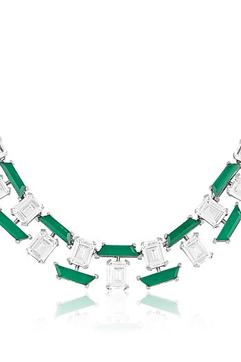 White Rhodium Finish Crystal Zirconia & Emerald Stone Necklace