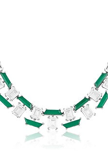 White Rhodium Finish Crystal Zirconia & Emerald Stone Necklace
