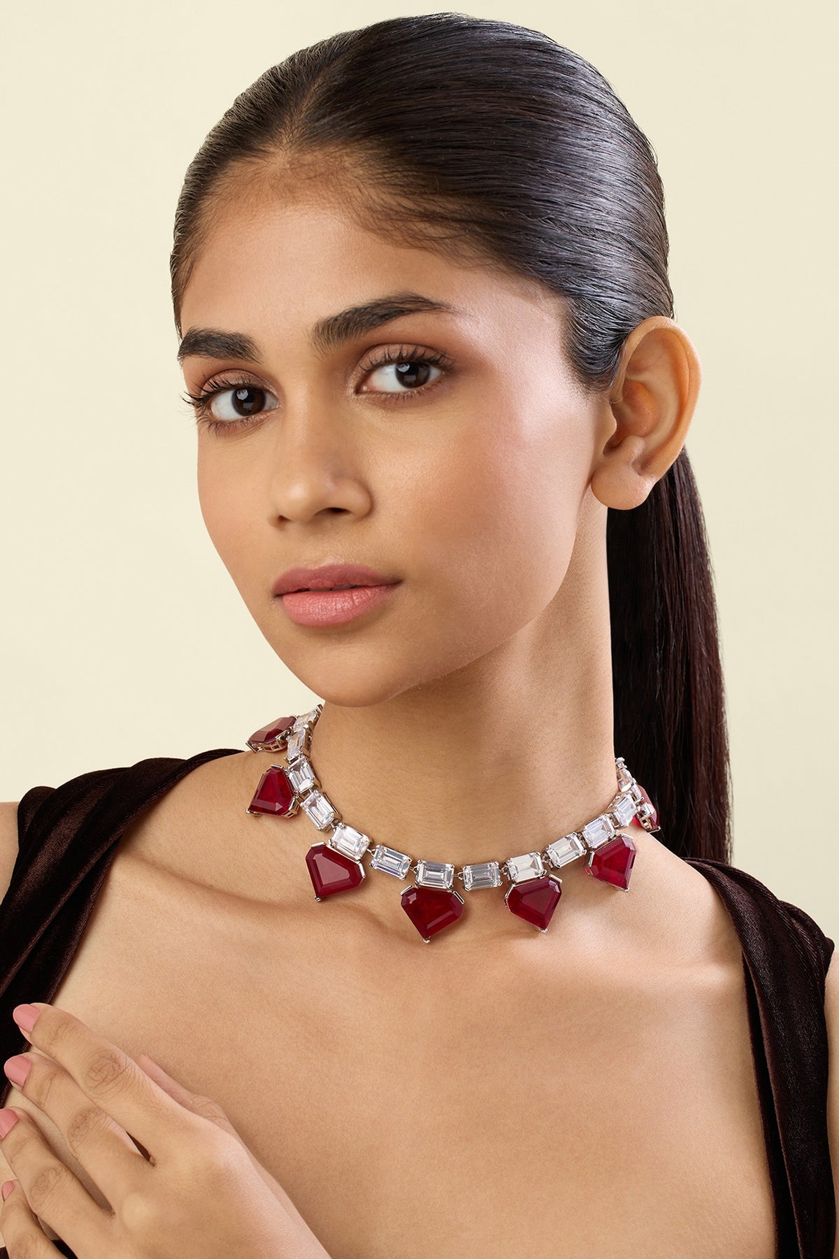 White Rhodium Finish Crystal Zirconia & Ruby Stone Necklace