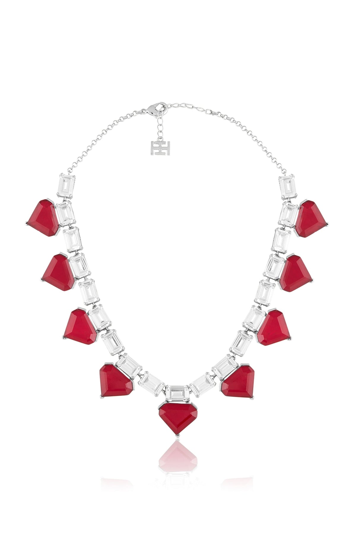 White Rhodium Finish Crystal Zirconia & Ruby Stone Necklace