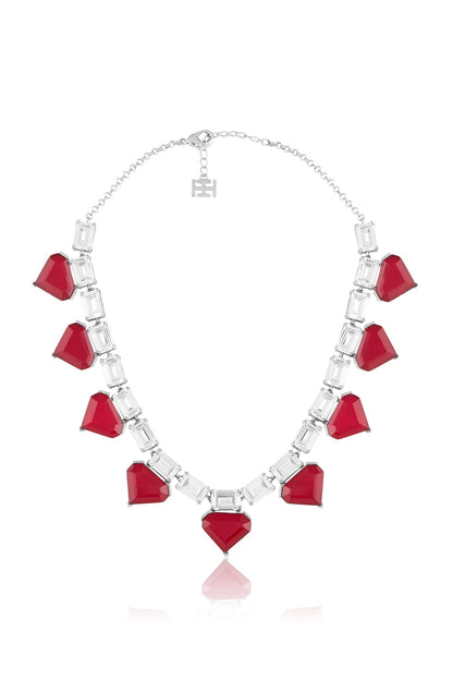 White Rhodium Finish Crystal Zirconia & Ruby Stone Necklace