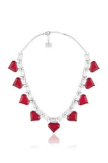 White Rhodium Finish Crystal Zirconia & Ruby Stone Necklace