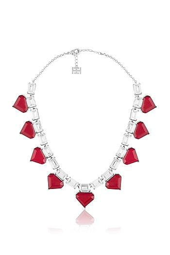 White Rhodium Finish Crystal Zirconia & Ruby Stone Necklace