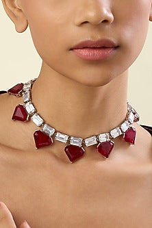 White Rhodium Finish Crystal Zirconia & Ruby Stone Necklace