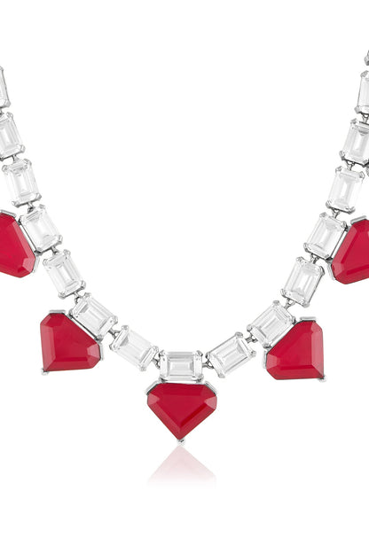 White Rhodium Finish Crystal Zirconia & Ruby Stone Necklace