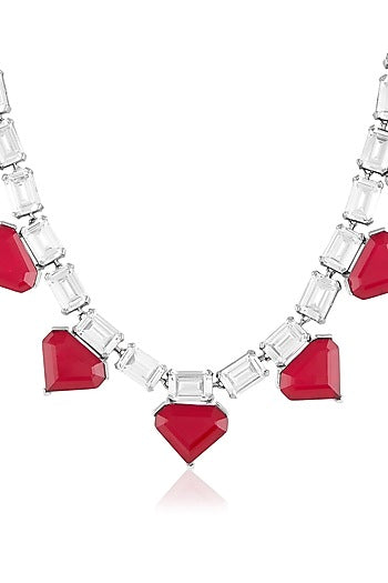 White Rhodium Finish Crystal Zirconia & Ruby Stone Necklace