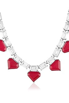 White Rhodium Finish Crystal Zirconia & Ruby Stone Necklace