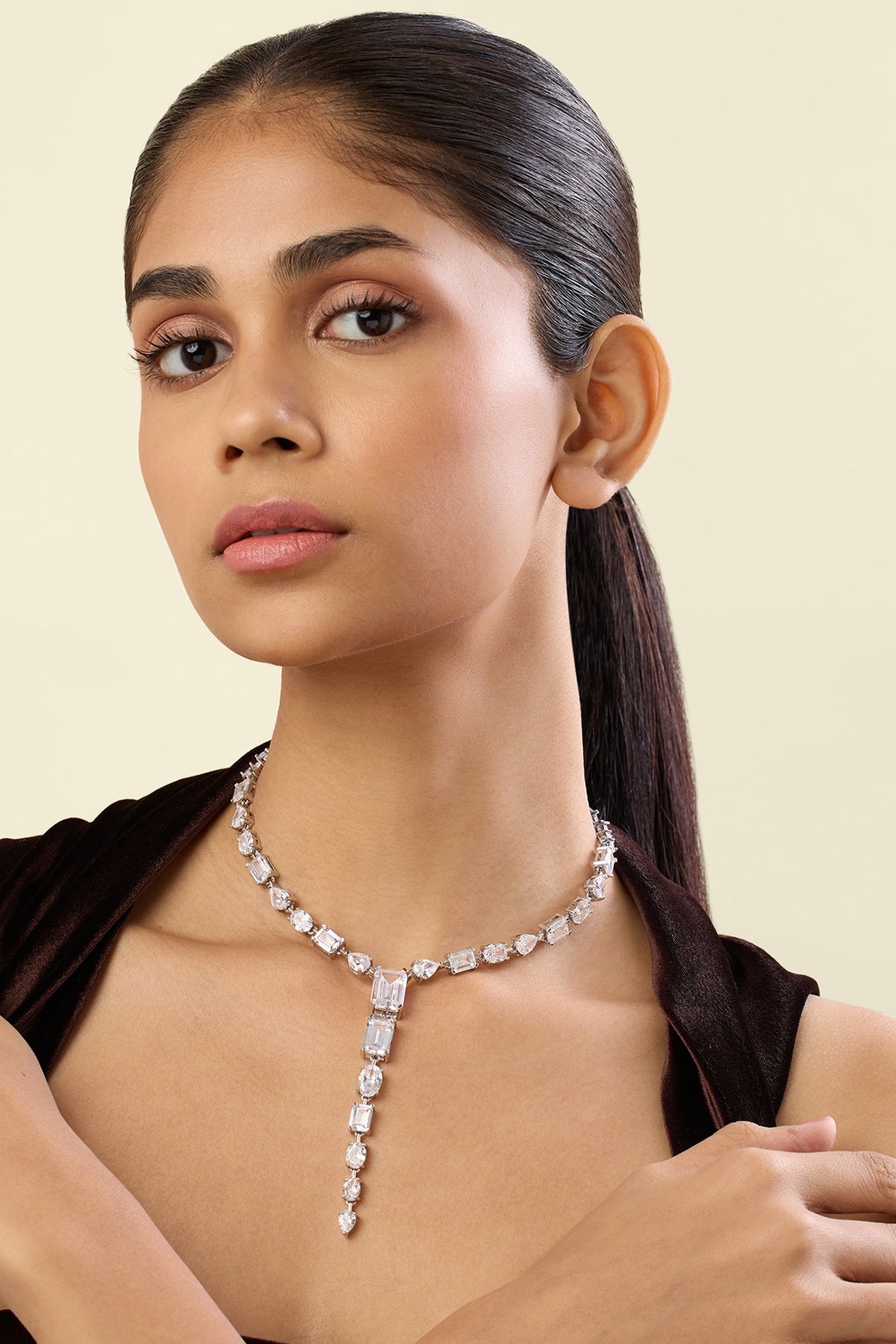 White Rhodium Finish Crystal Zirconia Long Necklace