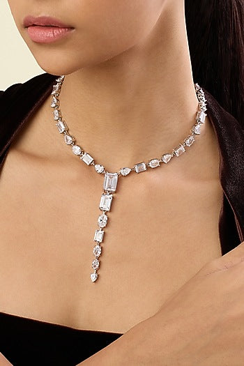 White Rhodium Finish Crystal Zirconia Long Necklace