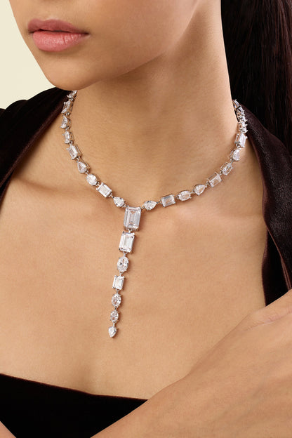 White Rhodium Finish Crystal Zirconia Long Necklace
