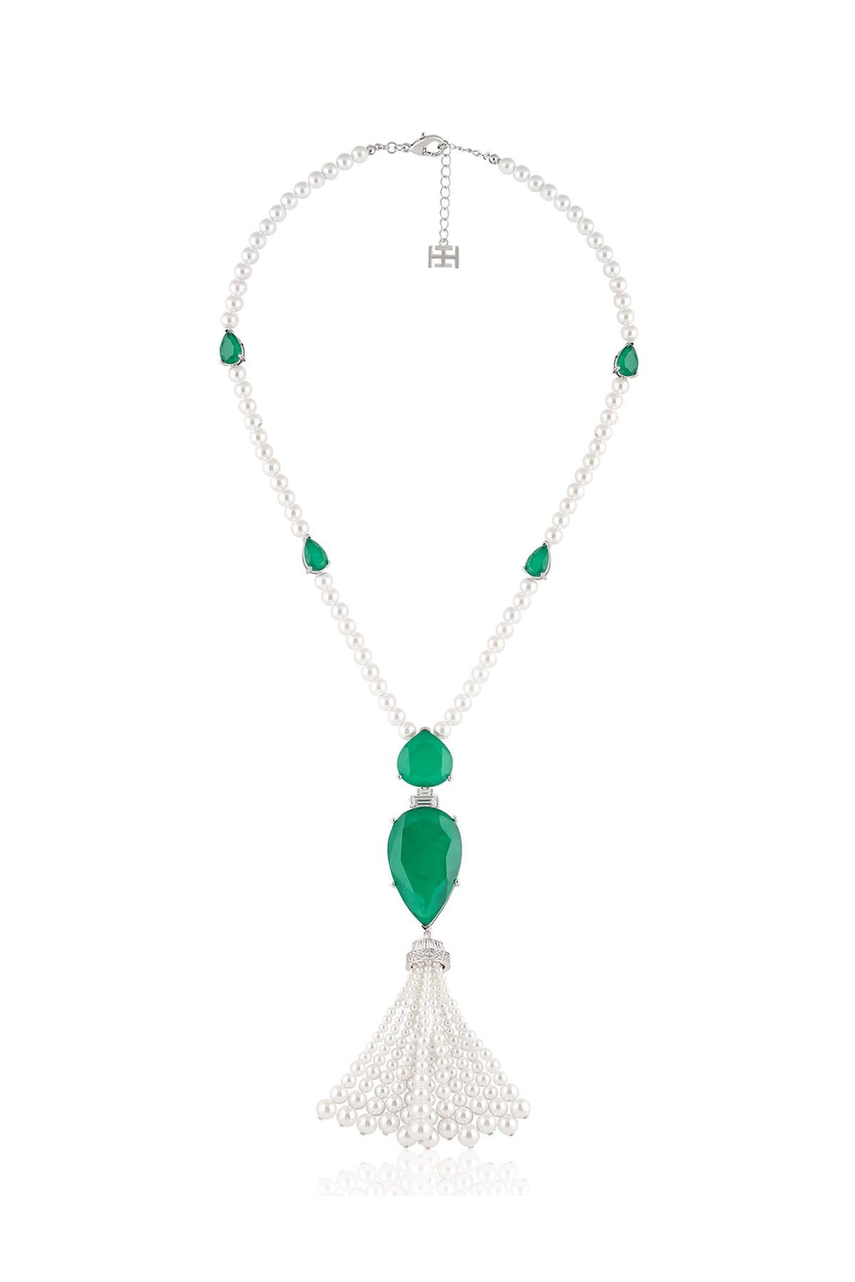 White Rhodium Finish Crystal Zirconia & Emerald Stone Long Necklace