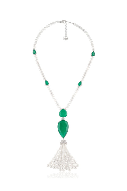 White Rhodium Finish Crystal Zirconia & Emerald Stone Long Necklace