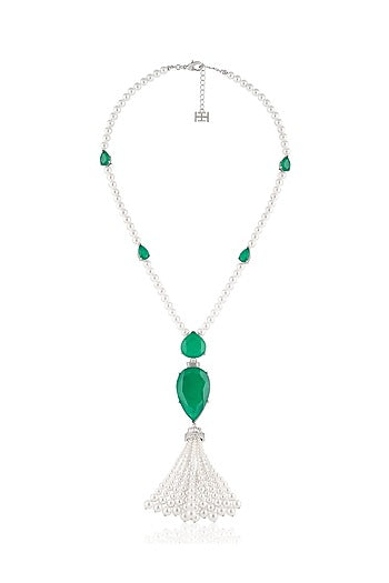 White Rhodium Finish Crystal Zirconia & Emerald Stone Long Necklace