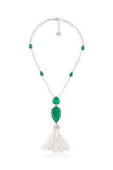 White Rhodium Finish Crystal Zirconia & Emerald Stone Long Necklace