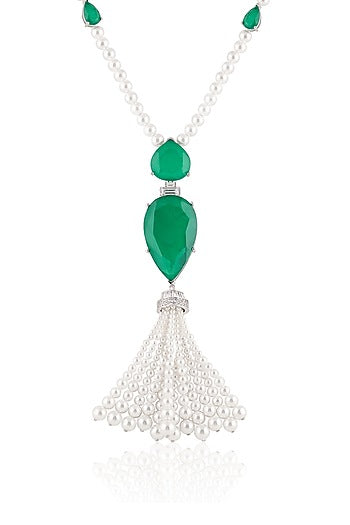 White Rhodium Finish Crystal Zirconia & Emerald Stone Long Necklace
