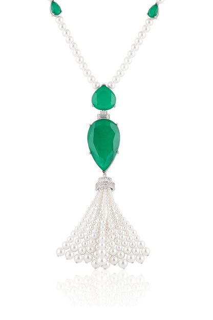 White Rhodium Finish Crystal Zirconia & Emerald Stone Long Necklace