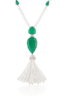 White Rhodium Finish Crystal Zirconia & Emerald Stone Long Necklace