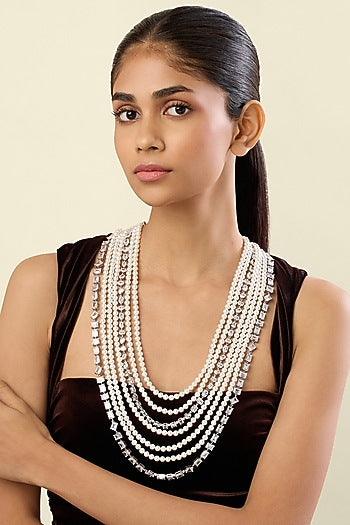 White Rhodium Finish Crystal Zirconia Long Necklace